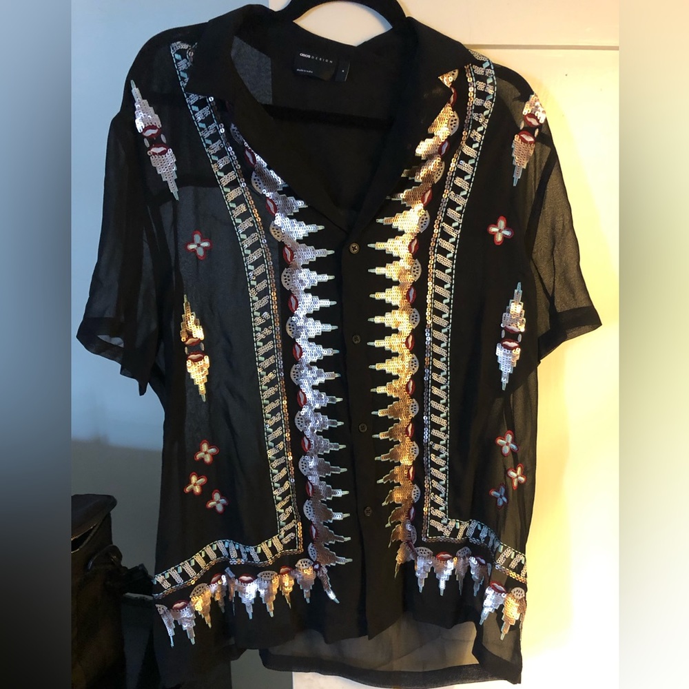 ASOS mesh and sequin detail button up shirt